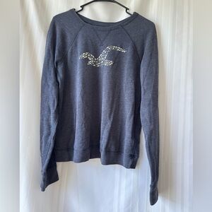 Hollister Blue Heathered Sweatshirt Bejeweled Logo Size Large EUC
